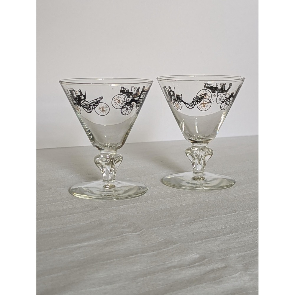 Pair of Vintage Black & Gold Curio Buggy Carriage Libbey Cocktail Glasses